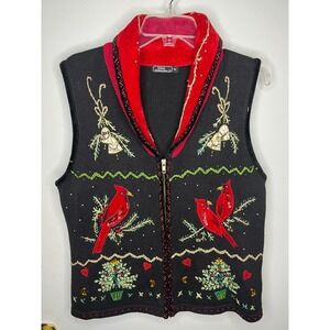 Lisa International Women's Black Cardinal Christmas Vintage Vest Sweater M